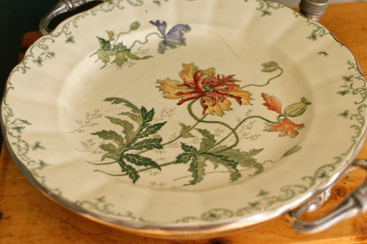 1860s ~ Silver Plated Collectible Plate Warmer CHOISY-Le-ROI (HB & cie) PAVOT ~ French Antique Ironstone Polychrome Plate ~ Assiette Chauffante en Faïence
