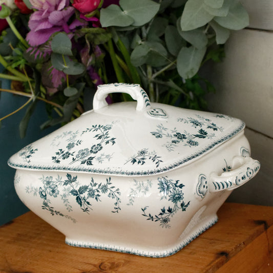 DUGAZON Motif Boch Freres Keramis (BFK) Belgian Antique Ironstone Blue Transferware Soup Tureen Terre de Fer en faience