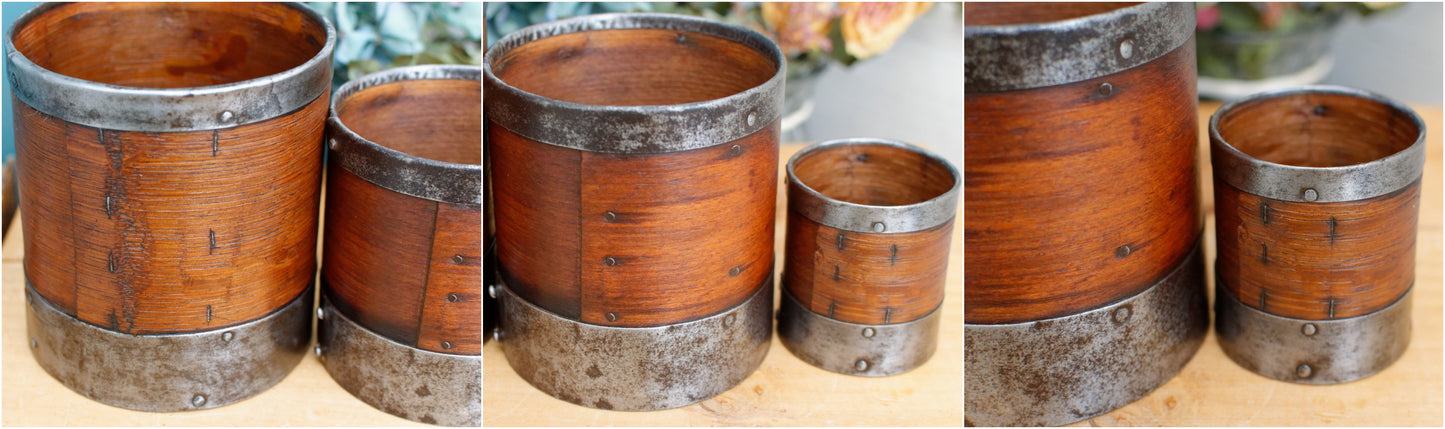 French Antique Wooden Bentwood Grain Measuring Cups Canisters Desrues Litre, Décilitre & Demi Déciltre