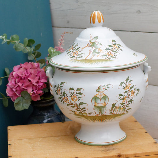French Vintage Hand-Painted Faience Collectible Earthenware Decor Moustiers TE Entierement a la main Soup Tureen Soupiere Vegetable Dish Légumière Terre de Fer