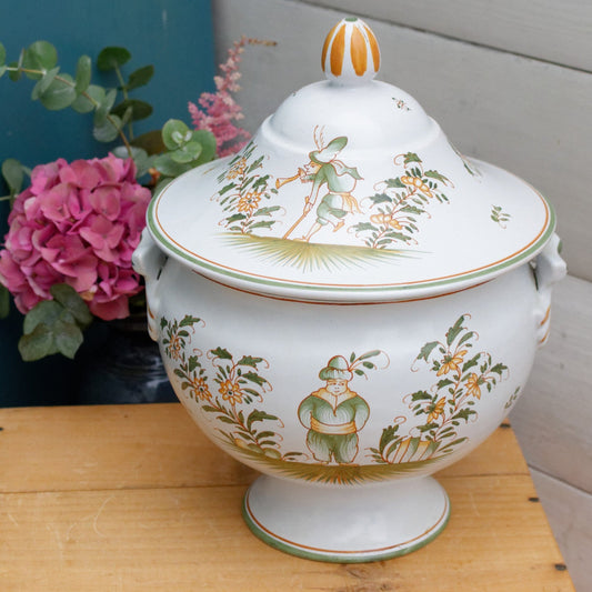 French Vintage Hand-Painted Faience Collectible Earthenware Decor Moustiers TE Entierement a la main Soup Tureen Soupiere Vegetable Dish Légumière Terre de Fer