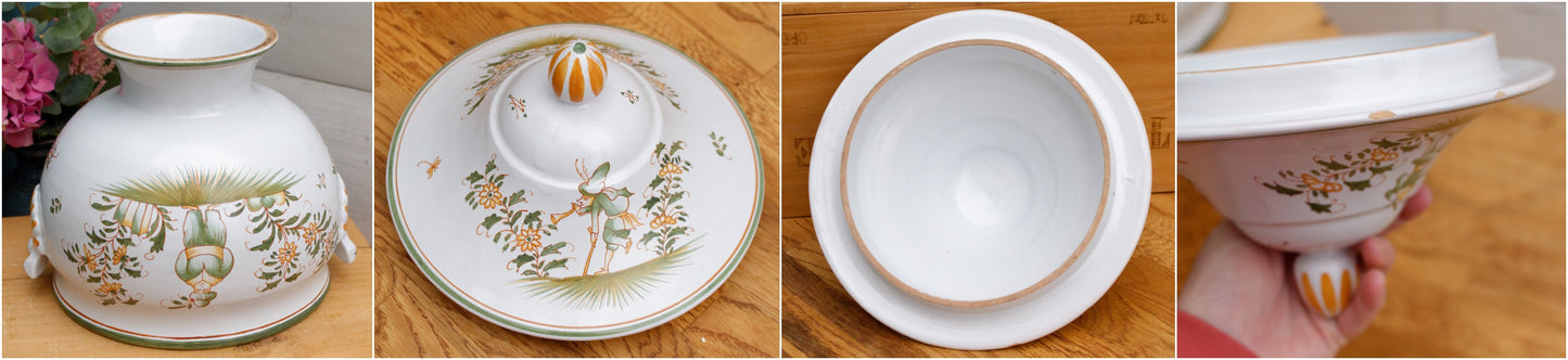 French Vintage Hand-Painted Faience Collectible Earthenware Decor Moustiers TE Entierement a la main Soup Tureen Soupiere Vegetable Dish Légumière Terre de Fer