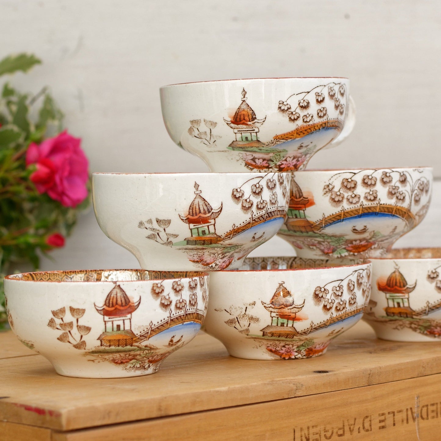TOKIO Demi Porcelaine BADONVILLER French Antique Ironstone Coffee Tea Cups "TASSE" Terre de fer en Faience
