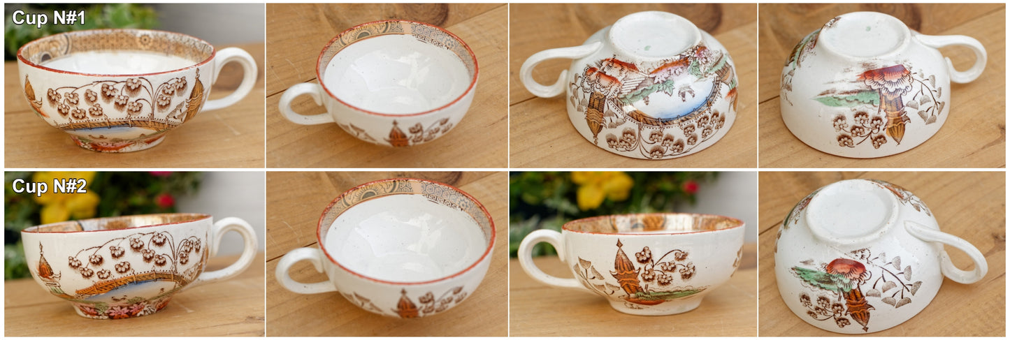 TOKIO Demi Porcelaine BADONVILLER French Antique Ironstone Coffee Tea Cups "TASSE" Terre de fer en Faience