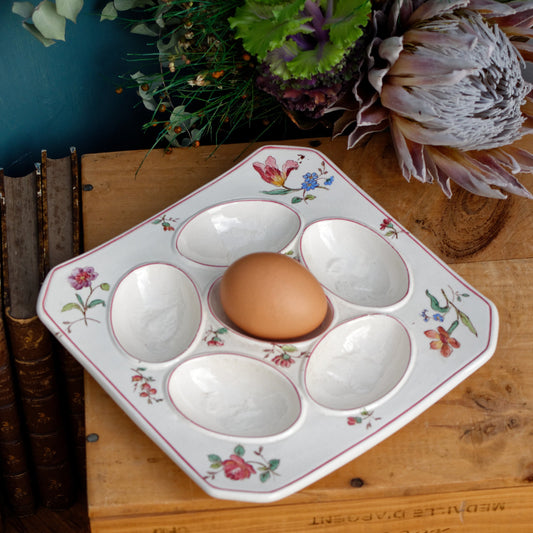 French Antique Ironstone Square Serving Dish Plate for Devilled (hard boiled) Eggs - LONGCHAMP Terre de fer - Presentation oeufs a la coque et Plat a Oeufs Dur Mimosa faience avec saliere et poivriere