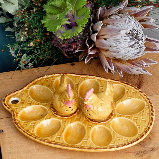 French Vintage Oval basket weave Presentation Platter for Deviled Eggs Matching chicken shaped Salt Pepper Shaker Ancien Plateau de presentation oeufs dur Mimosa a la coque saliere et poivriere faience