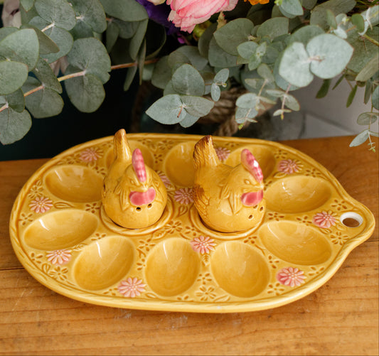 Vintage Ceramic Deviled Eggs Presentation Platter Plate Plateau a Oeuf Dur Mimosa a la Coque Saliere et Poiviere Coq