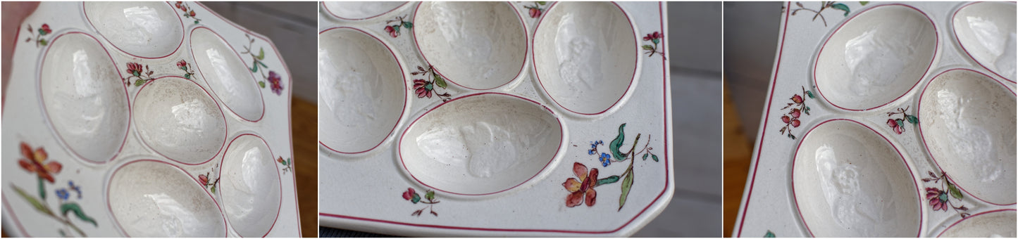 French Antique Ironstone Square Serving Dish Plate for Devilled (hard boiled) Eggs - LONGCHAMP Terre de fer - Presentation oeufs a la coque et Plat a Oeufs Dur Mimosa faience avec saliere et poivriere