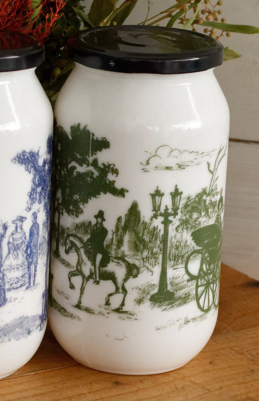 Belgian Vintage Collectible Milk Glass Opaline DEVOS LEMMONS (D&L) Large Storage Jars with Rustic Scenes
