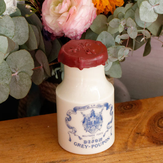 French Vintage Collectible Advertising Milk Glass Opaline Mustard Pot "Pot a Moutarde" Moutarde Forte de DIJON GREY-POUPON Advertising Mustard Jar Made in France