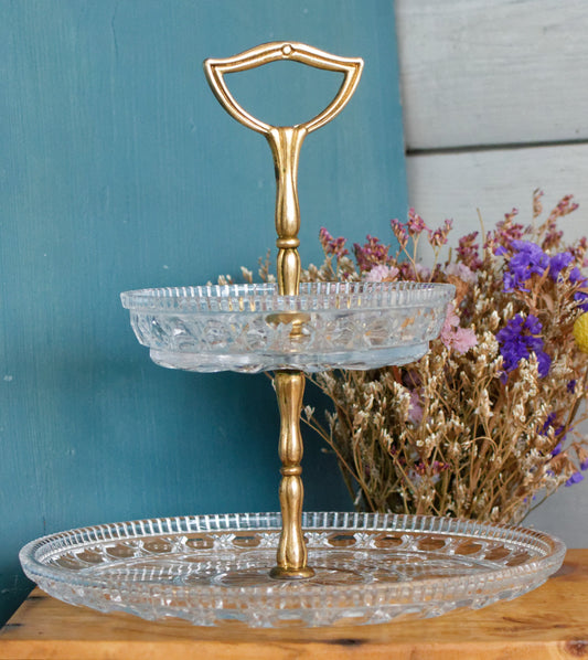 French Vintage Glass 2-Tier Serving Tray Etched Pressed Glass Display Tray for Appetizers (Hors D'Oeuvres)