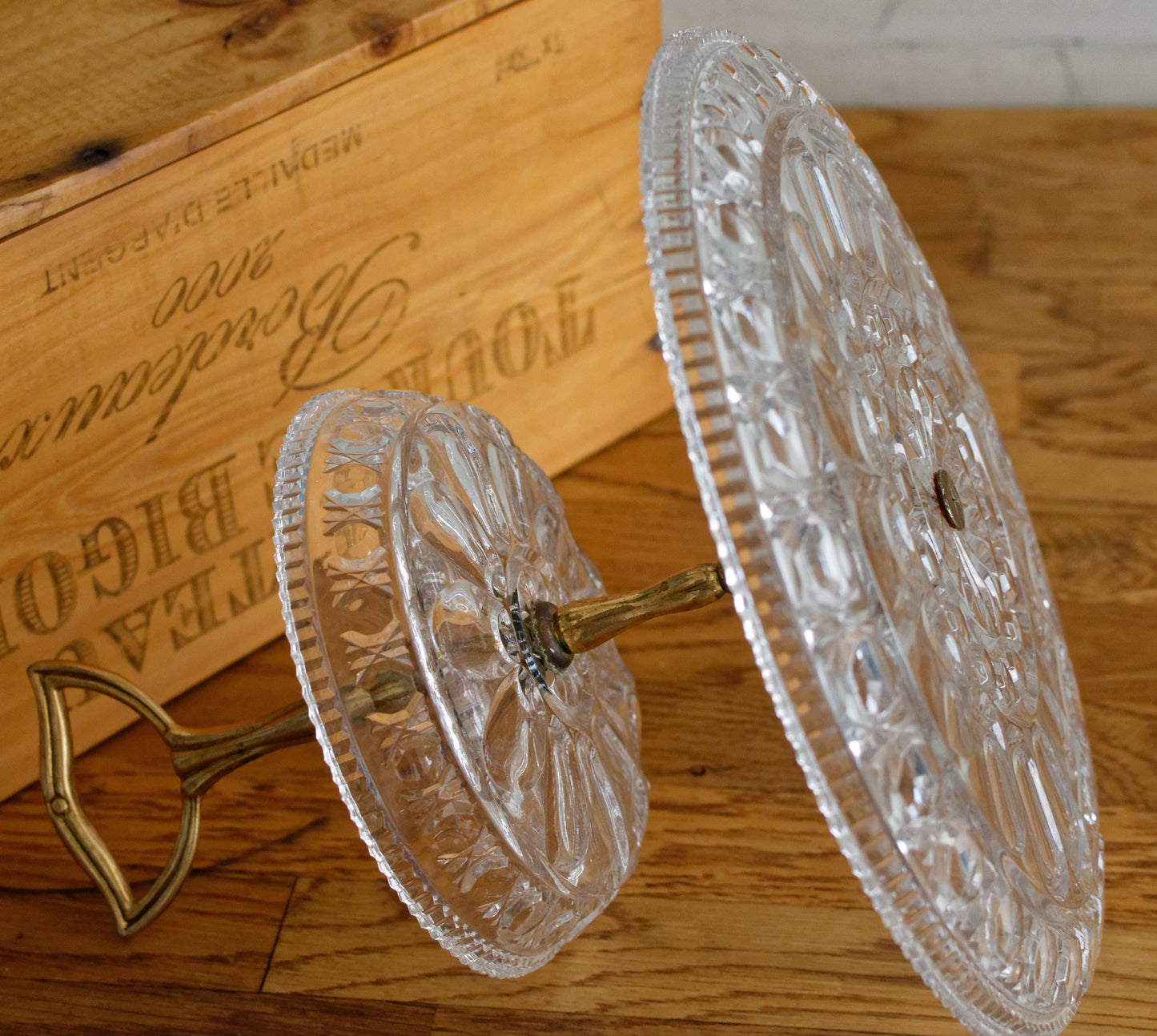 French Vintage Glass 2-Tier Serving Tray Etched Pressed Glass Display Tray for Appetizers (Hors D'Oeuvres)