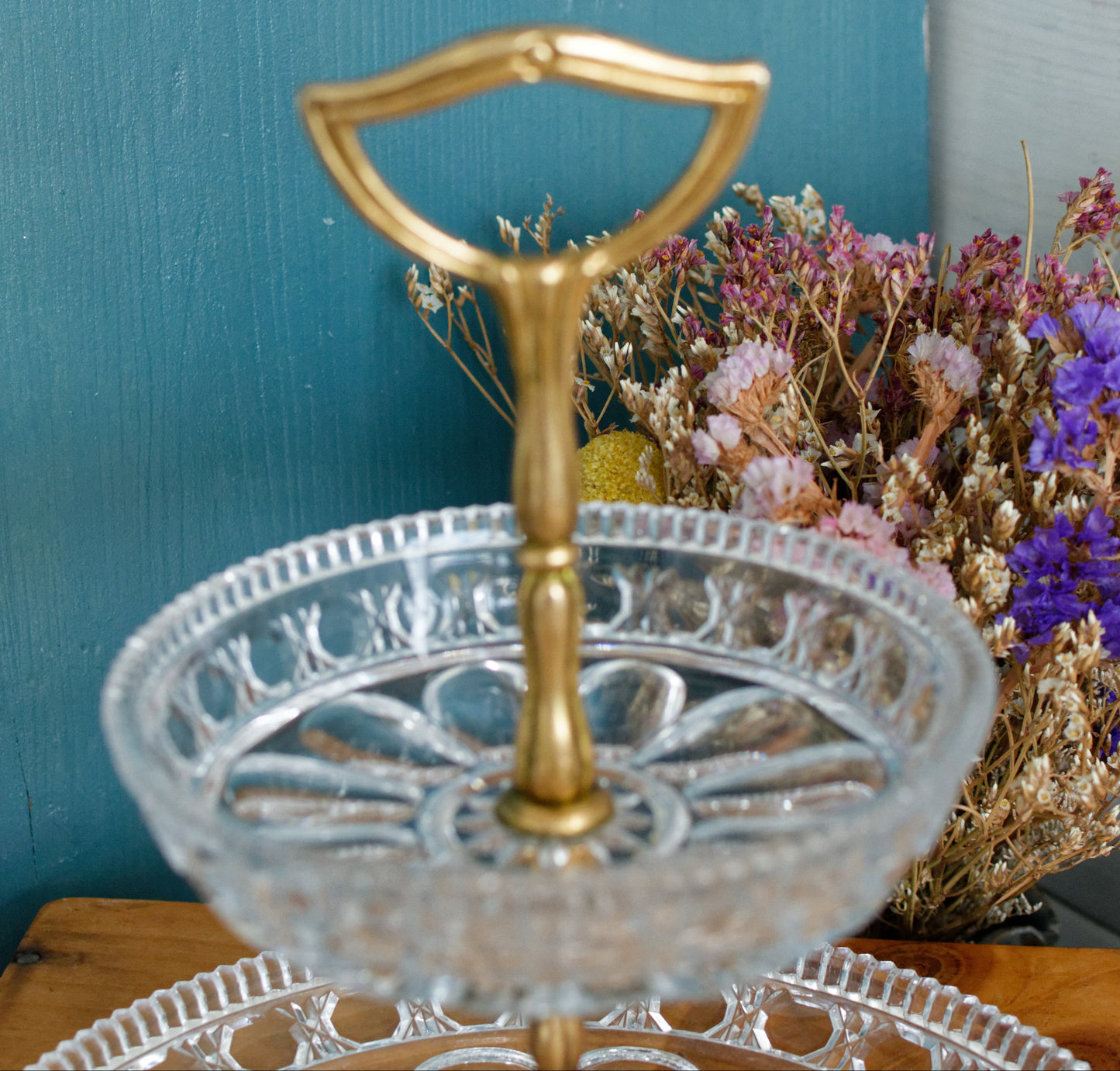 French Vintage Glass 2-Tier Serving Tray Etched Pressed Glass Display Tray for Appetizers (Hors D'Oeuvres)
