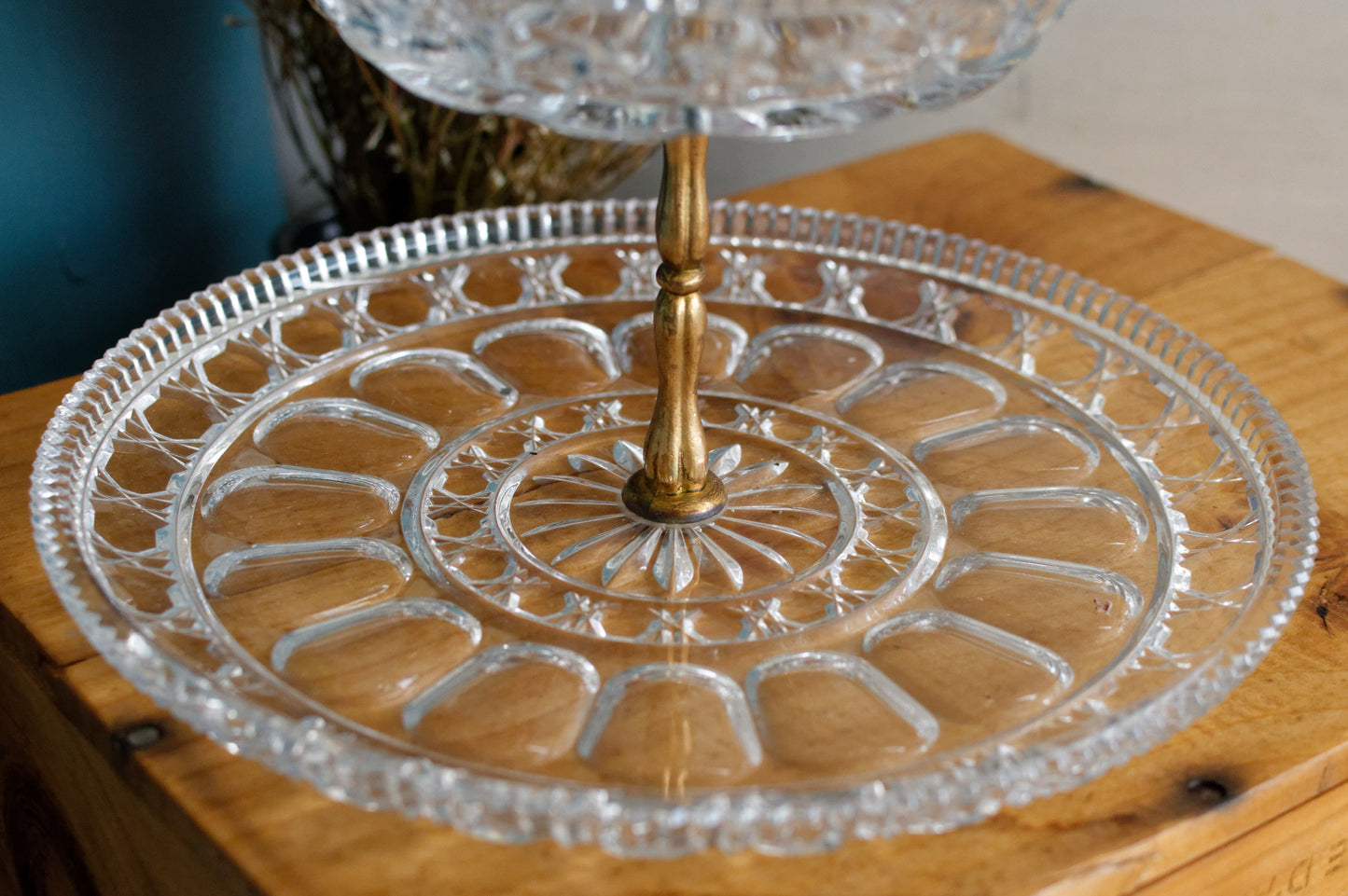 French Vintage Glass 2-Tier Serving Tray Etched Pressed Glass Display Tray for Appetizers (Hors D'Oeuvres)