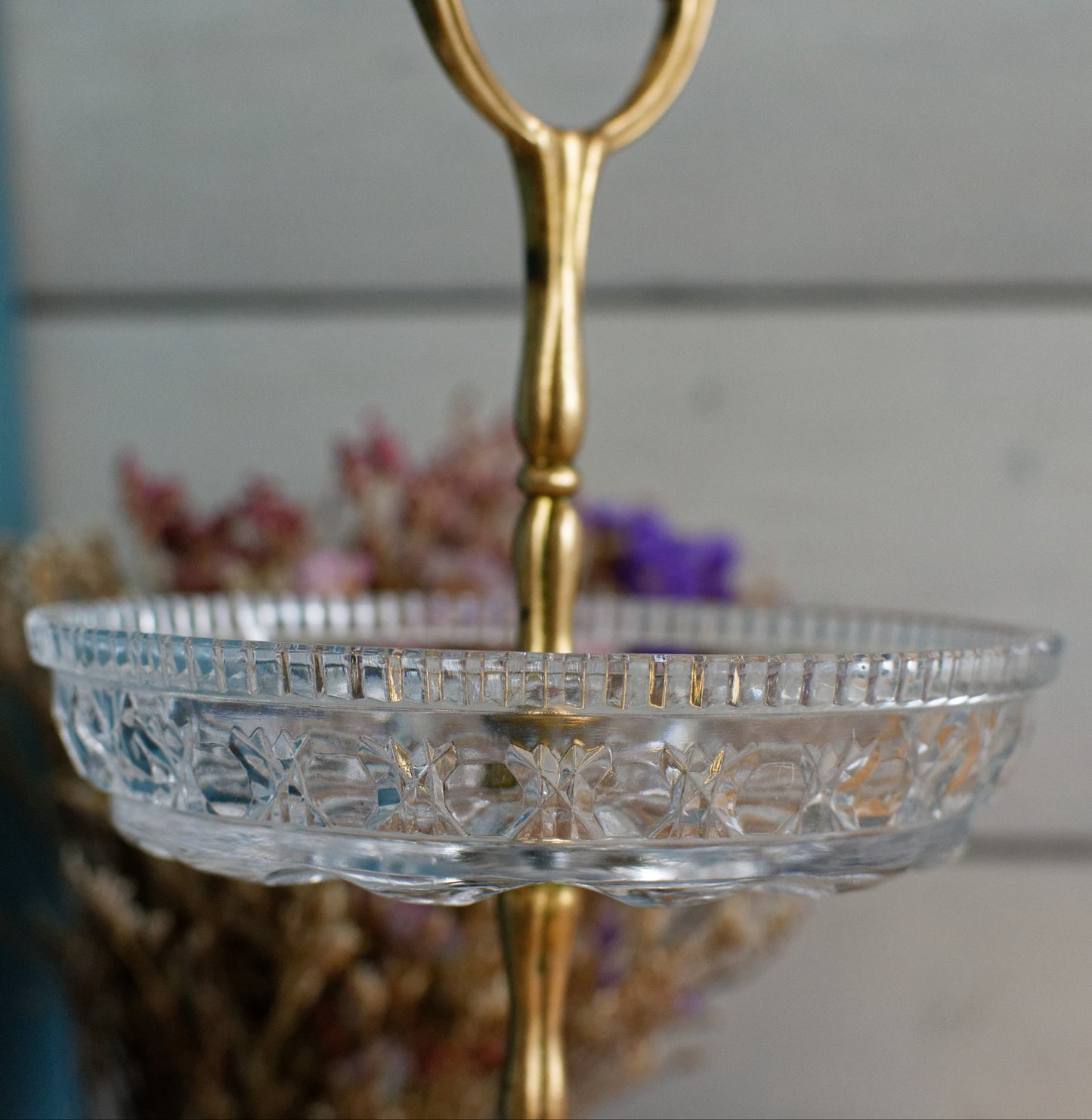 French Vintage Glass 2-Tier Serving Tray Etched Pressed Glass Display Tray for Appetizers (Hors D'Oeuvres)