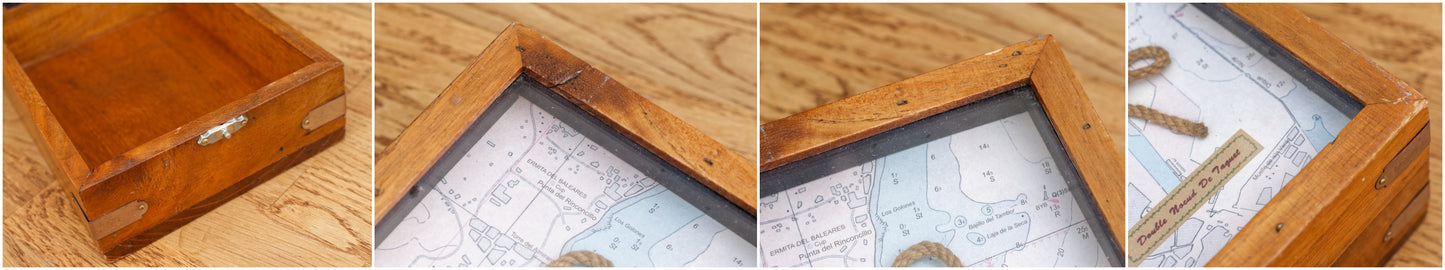 French Vintage Wooden Decorative Keepsake Box Chest "Double Noeud de Tarquet" Map of Mallorca Spain