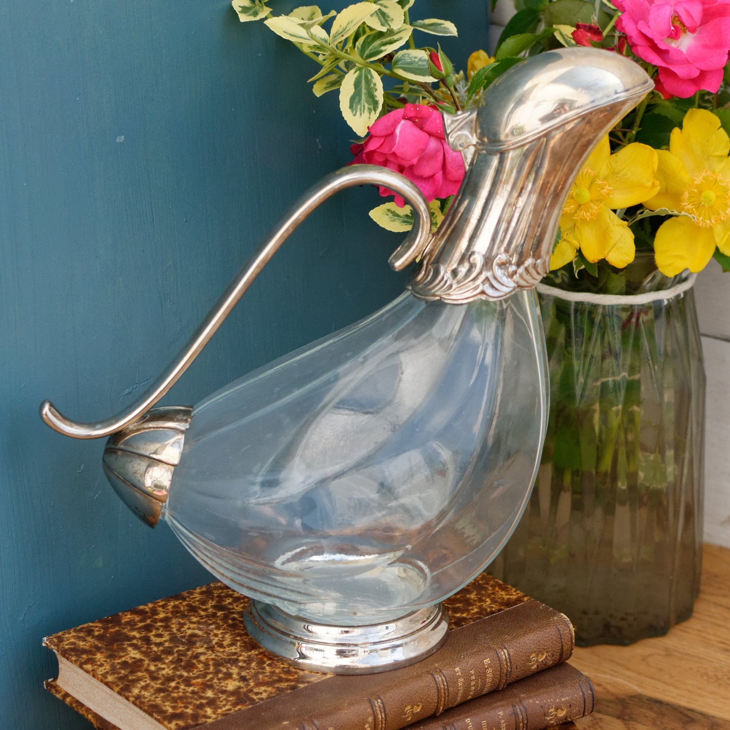 French Vintage Silver Plated Duck Shape Glass Wine Decanter Rustic Barware Carafe Pitcher "Ancienne Carafe Canard Argente Pichet Verseuse”