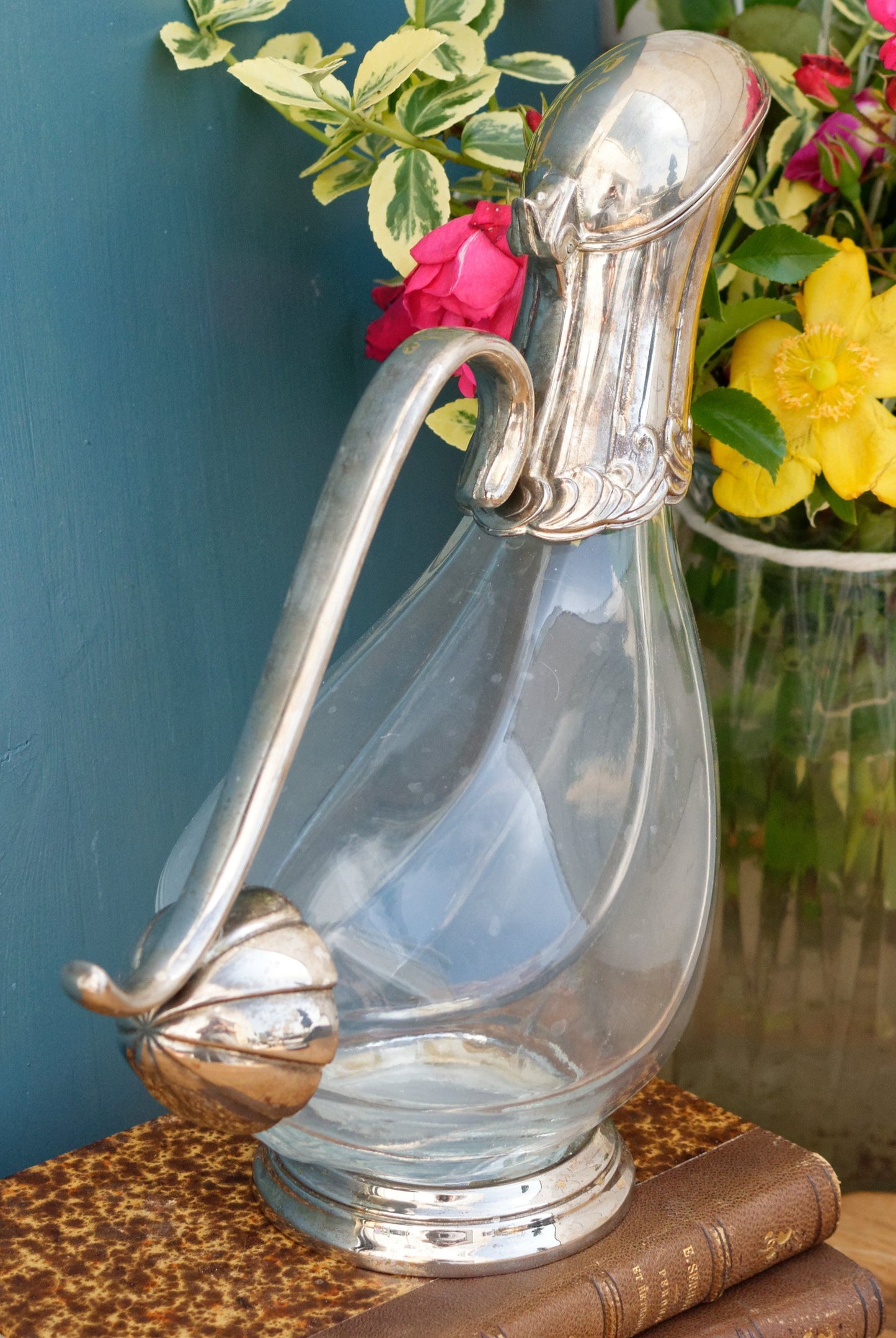 French Vintage Silver Plated Duck Shape Glass Wine Decanter Rustic Barware Carafe Pitcher "Ancienne Carafe Canard Argente Pichet Verseuse”