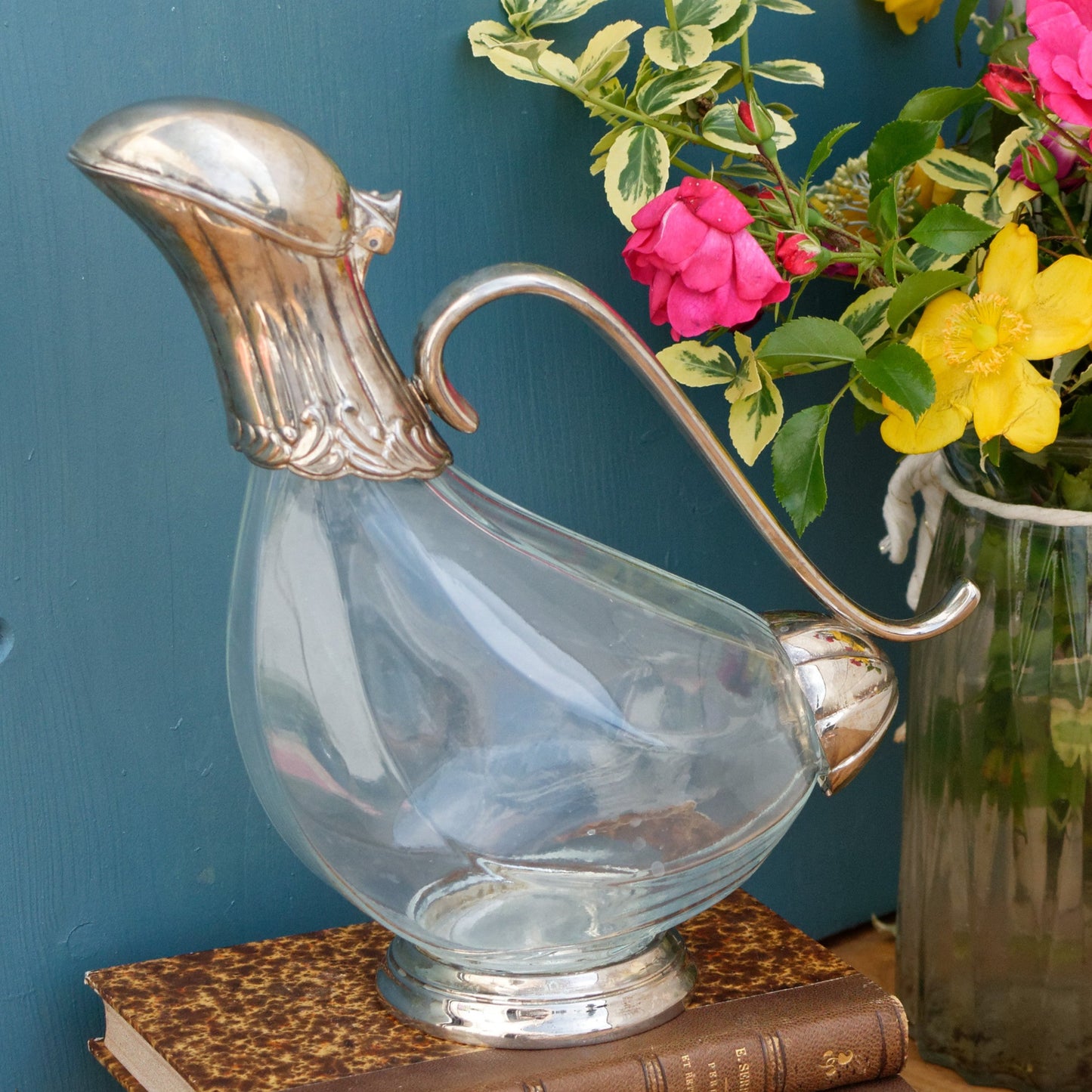 French Vintage Silver Plated Duck Shape Glass Wine Decanter Rustic Barware Carafe Pitcher "Ancienne Carafe Canard Argente Pichet Verseuse”