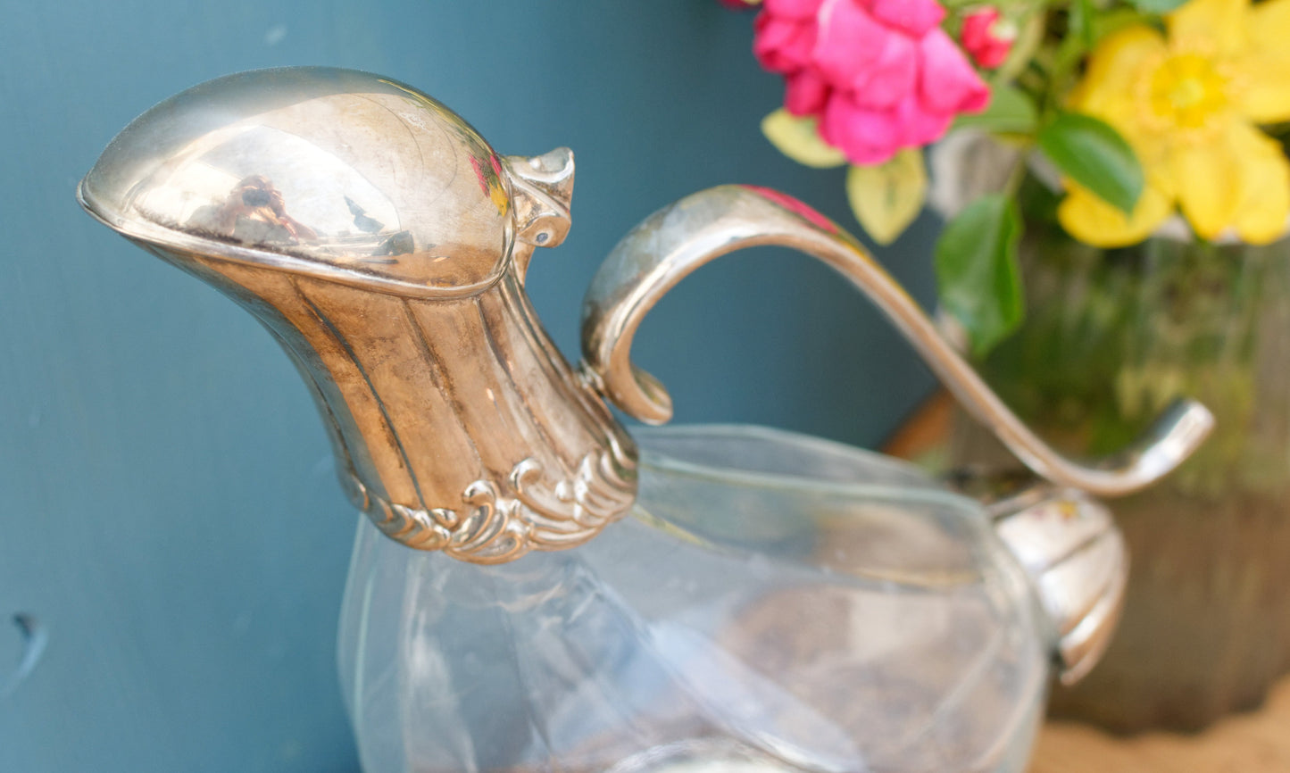 French Vintage Silver Plated Duck Shape Glass Wine Decanter Rustic Barware Carafe Pitcher "Ancienne Carafe Canard Argente Pichet Verseuse”