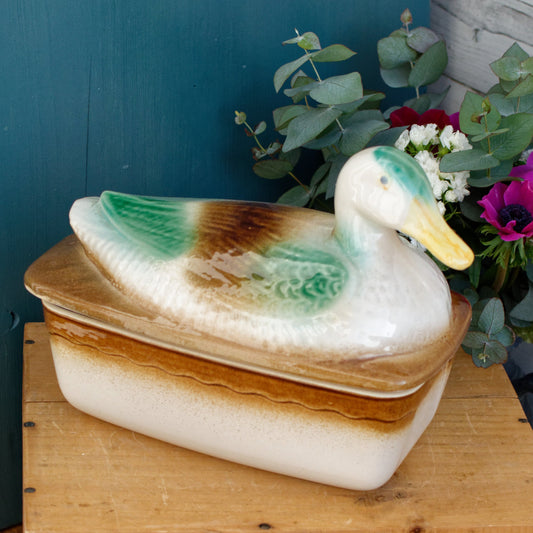 Duck Shaped Pate Dish French Vintage Square Foie Gras Lidded Terrine Pot Casserole Stoneware for Pate