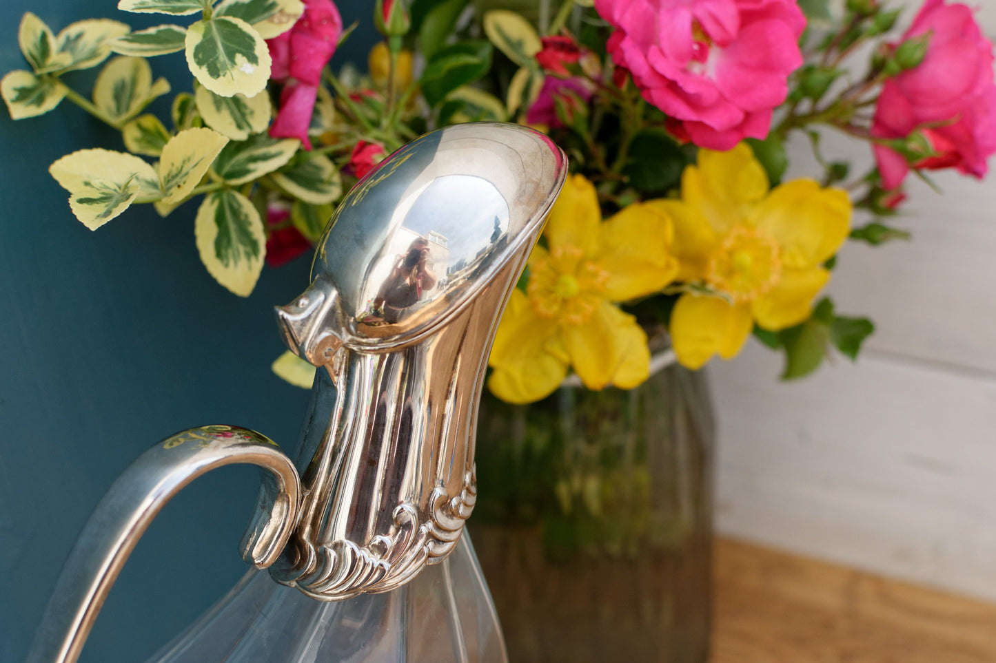 French Vintage Silver Plated Duck Shape Glass Wine Decanter Rustic Barware Carafe Pitcher "Ancienne Carafe Canard Argente Pichet Verseuse”