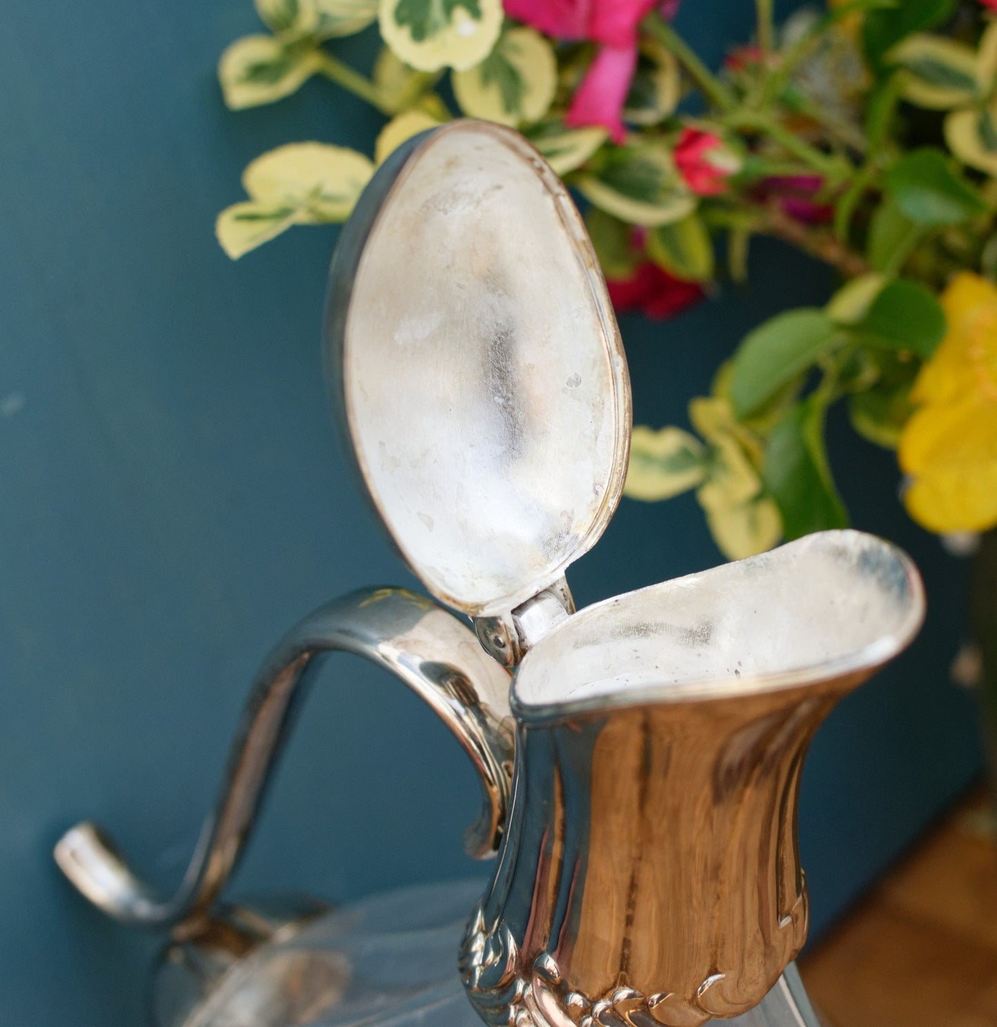 French Vintage Silver Plated Duck Shape Glass Wine Decanter Rustic Barware Carafe Pitcher "Ancienne Carafe Canard Argente Pichet Verseuse”