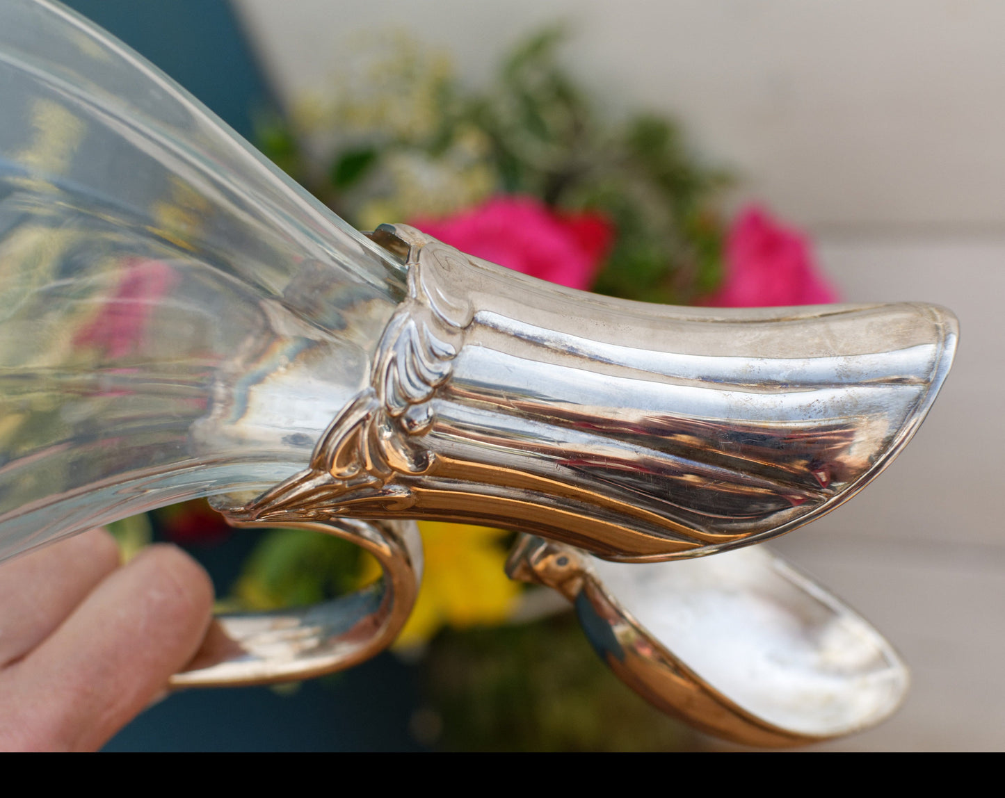 French Vintage Silver Plated Duck Shape Glass Wine Decanter Rustic Barware Carafe Pitcher "Ancienne Carafe Canard Argente Pichet Verseuse”