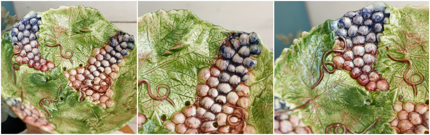 French Vintage Barbotine Majolica Style Fruit Drainer Strainer Colander Eqouttoir a Fruits en barbotine Egouttoir A Fruits Avec Son Assiette En Barbotine Decor Raisin Et Feulles.