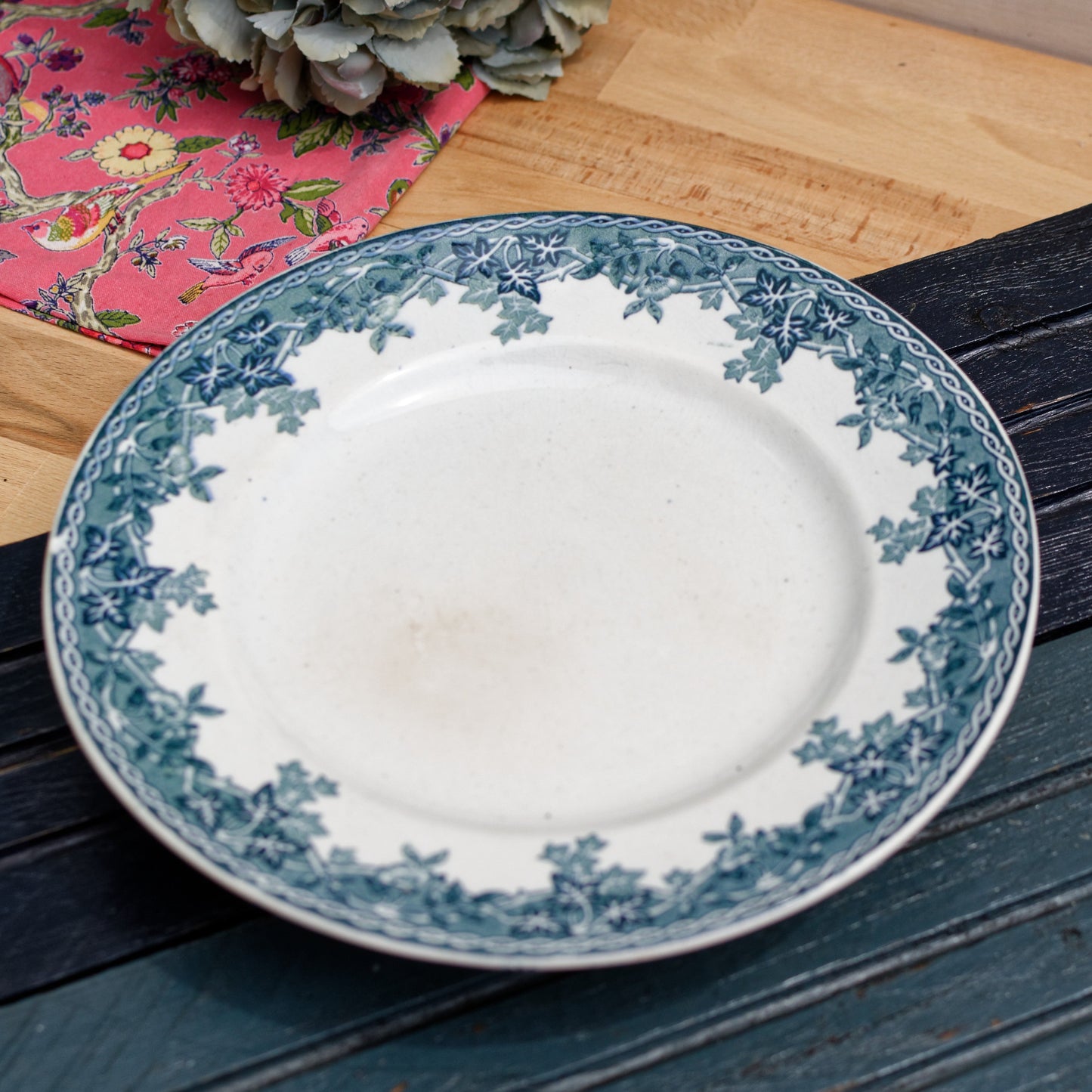 French Antique Ironstone Blue Transferware Footed Cake Plate Comptoir ESTIVAL MOULIN DES LOUPS & HAMAGE NORD