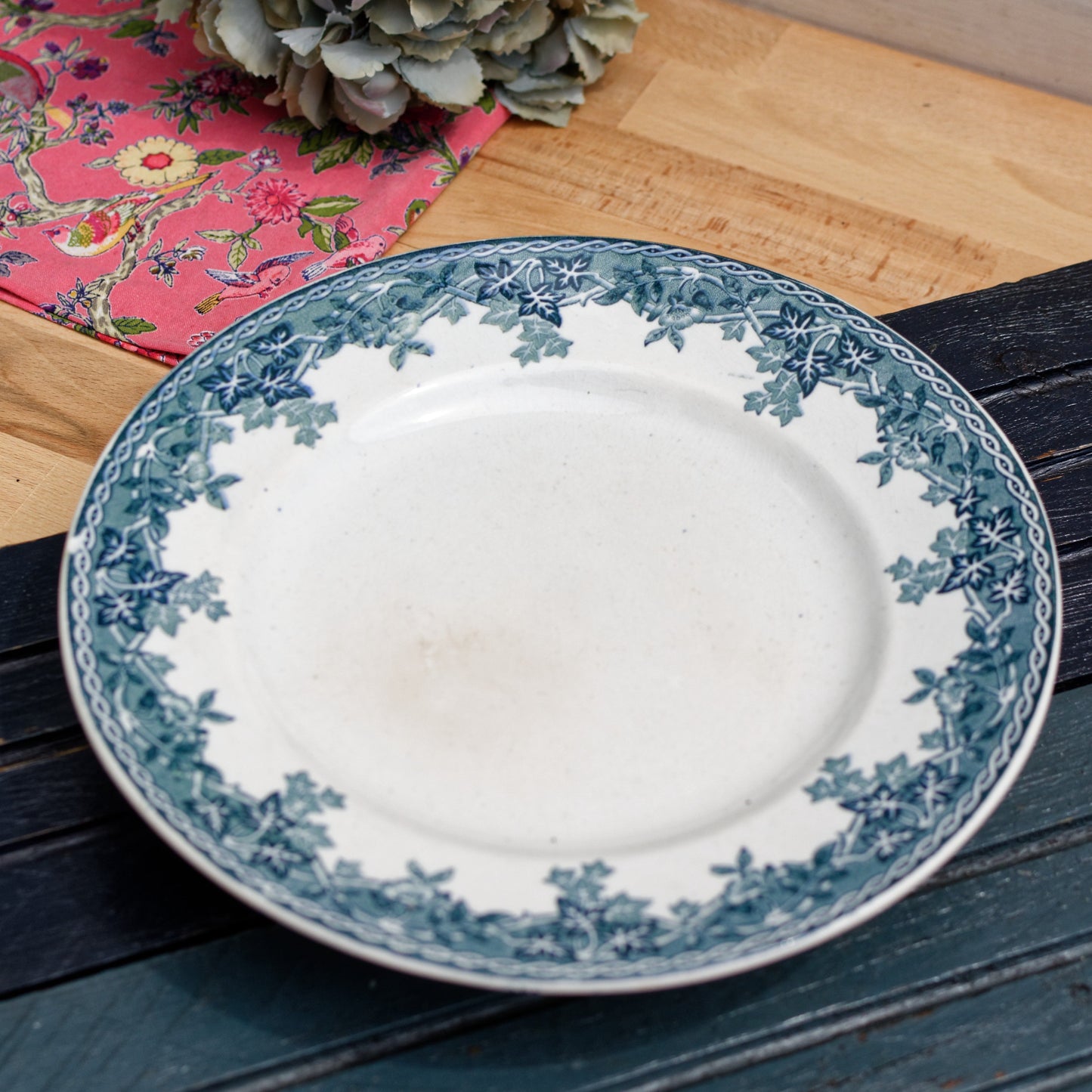 French Antique Ironstone Blue Transferware Footed Cake Plate Comptoir ESTIVAL MOULIN DES LOUPS & HAMAGE NORD