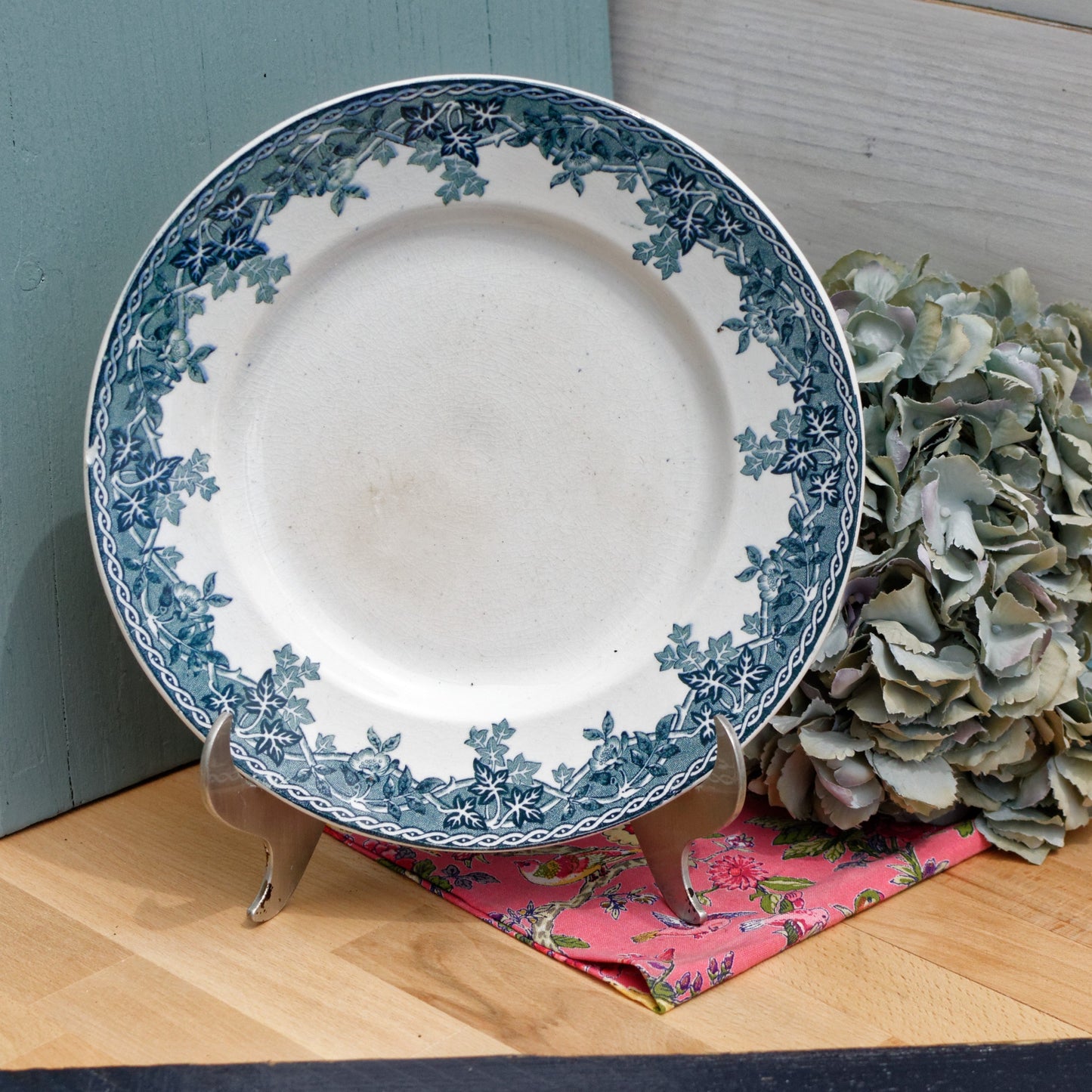French Antique Ironstone Blue Transferware Footed Cake Plate Comptoir ESTIVAL MOULIN DES LOUPS & HAMAGE NORD
