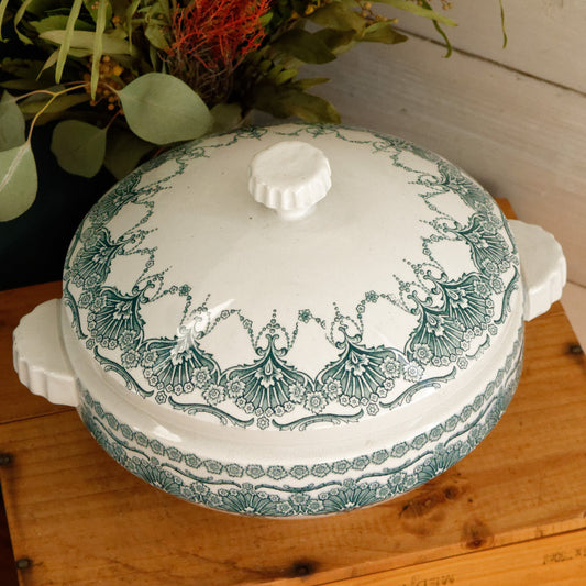 FANTAISIE Faïencerie de WASMUEL Auguste MOUZIN & cie (AMC) Belgian Antique Ironstone Green Blue Transferware Soup Tureen Soupiere Vegetable Dish Faience Terre de Fer