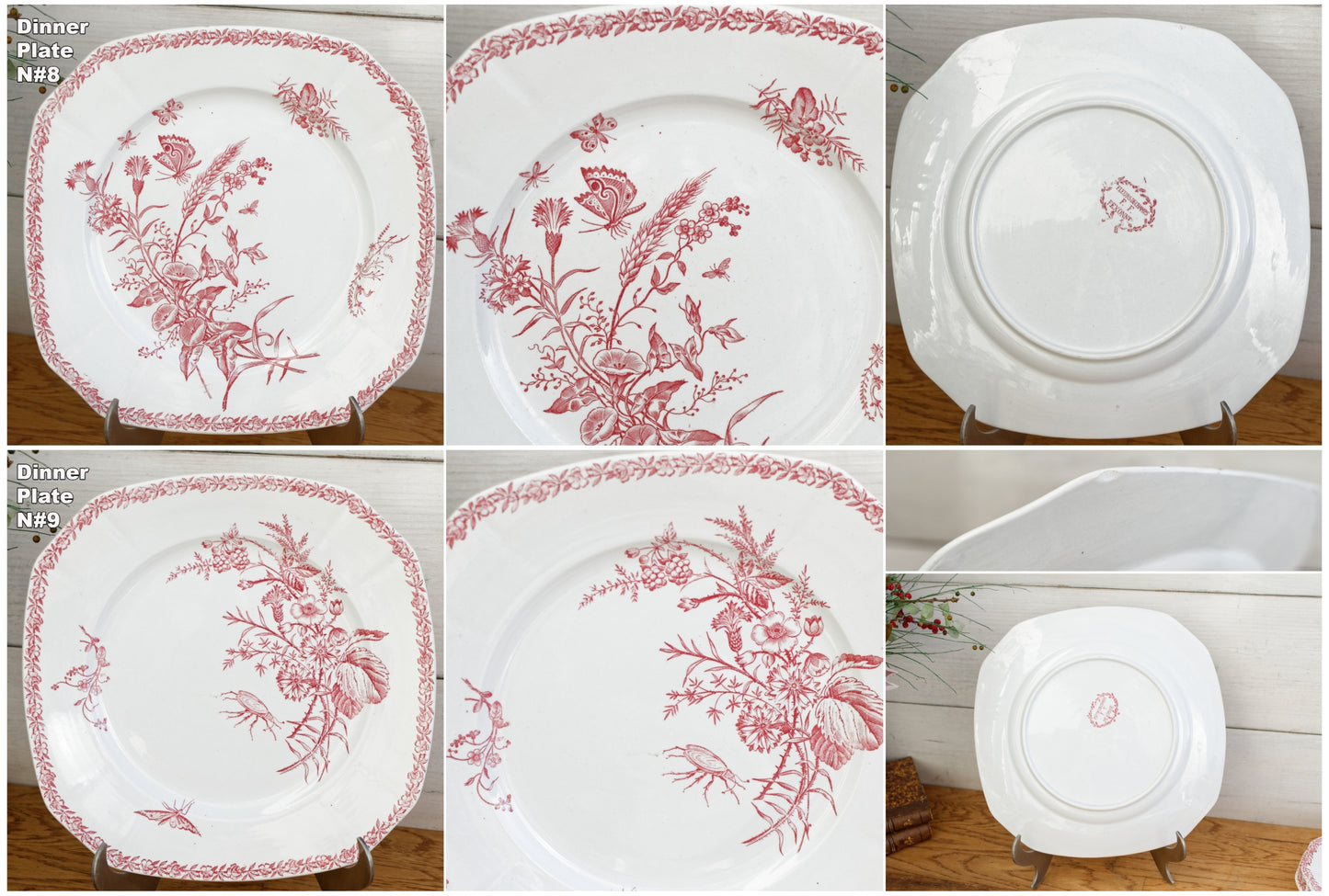 Fleurs de Champs Motif Faiencerie FF (Fenal Frères) PEXONNE French Antique Ironstone Red Transferware Sqaure Plate Terre de Fer