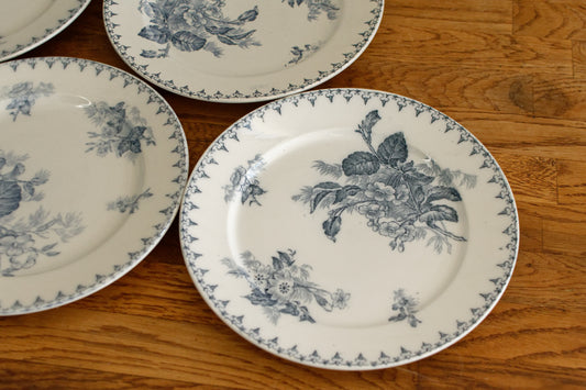 1880年代/1900年代 ~ 「FLORE」 Sarreguemines U&C ~ フランスアンティーク アイアンストーン ブルー トランスファーウェア ディナープレート ~ スカラップエッジ テール・ド・フェール NEW