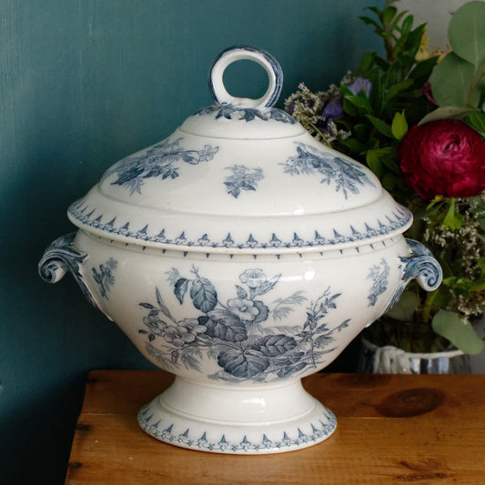 FLORE Sarreguemines U&C French Antique Ironstone Blue Transferware Round Soup Tureen Soupiere Terre de Fer en Faience