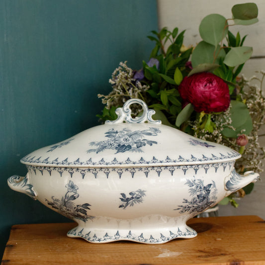 FLORE Sarreguemines U&C French Antique Ironstone Blue Transferware Oval Soup Tureen Soupiere Terre de Fer en Faience