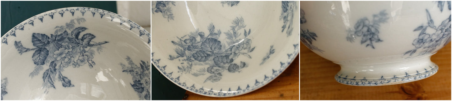 1880s/1900s ~ "FLORE" Sarreguemines U&C ~ French Antique Ironstone Blue Transferware Round Serving Salad Bowl "Saladier Bol Creux" ~ Terre de fer en Faience