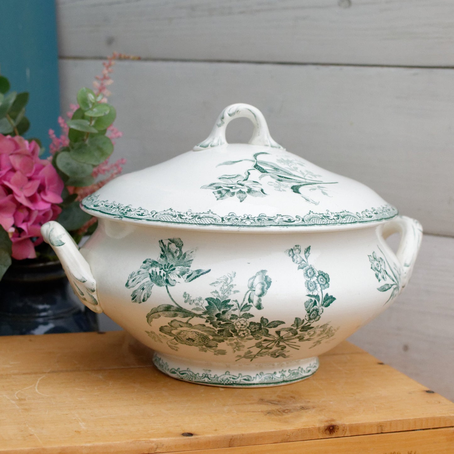 FONTANGES U&C SARREGUEMINES DIGOIN French Antique Ironstone Green Transferware Soup Tureen "Soupiere" Terre de Fer Faience