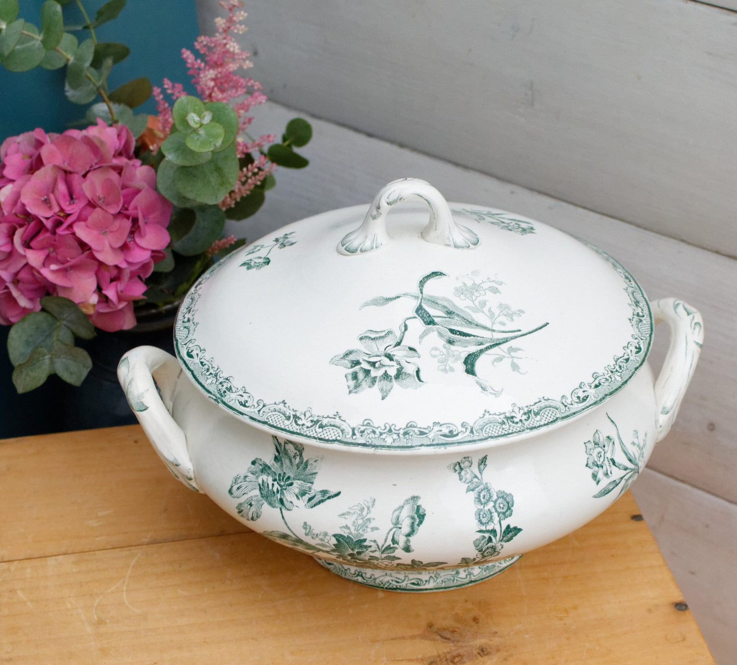 FONTANGES U&C SARREGUEMINES DIGOIN French Antique Ironstone Green Transferware Soup Tureen "Soupiere" Terre de Fer Faience