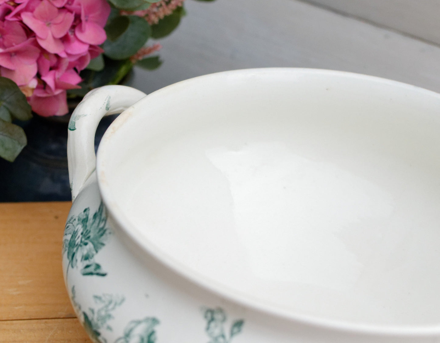 FONTANGES U&C SARREGUEMINES DIGOIN French Antique Ironstone Green Transferware Soup Tureen "Soupiere" Terre de Fer Faience