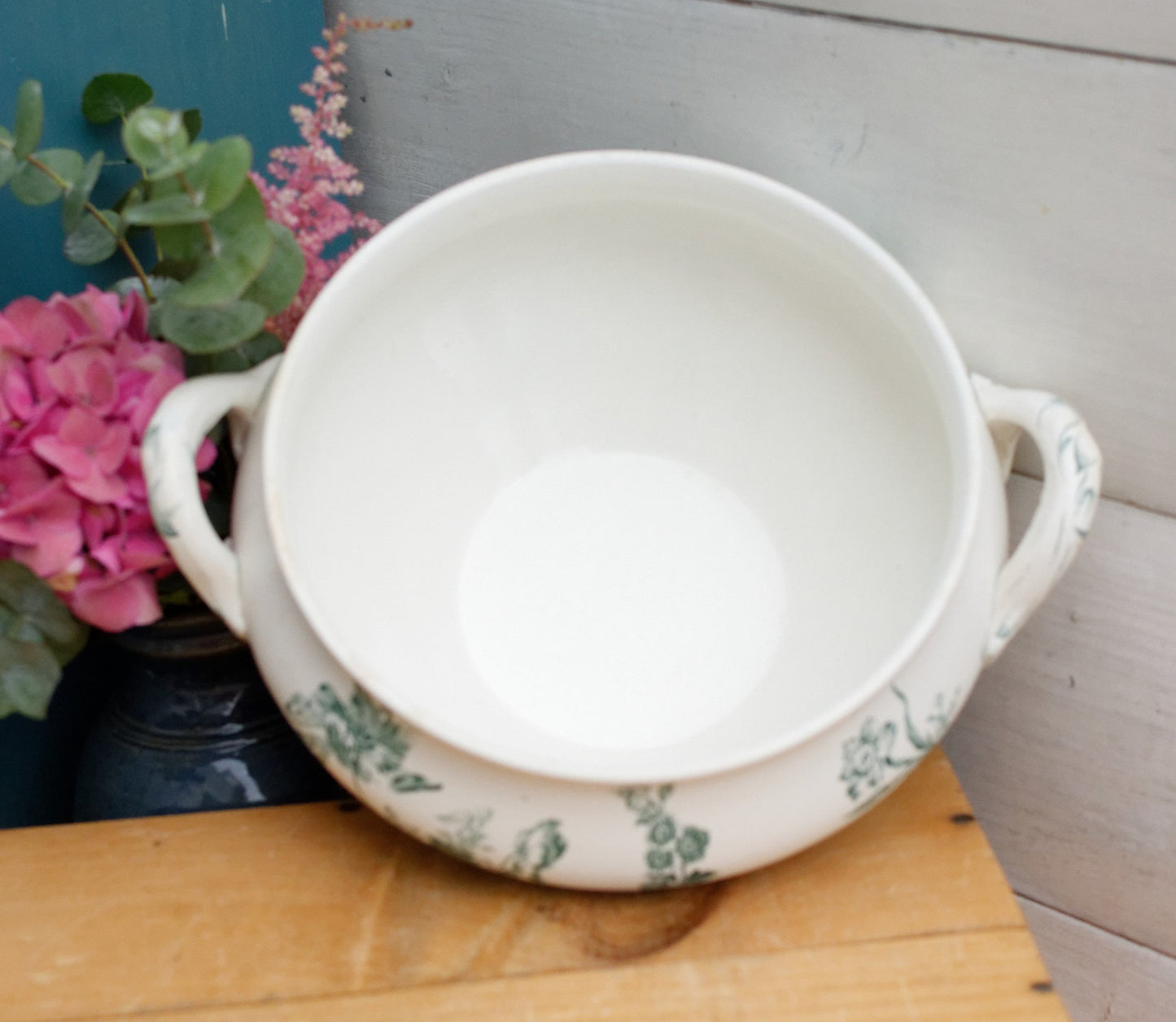 FONTANGES U&C SARREGUEMINES DIGOIN French Antique Ironstone Green Transferware Soup Tureen "Soupiere" Terre de Fer Faience