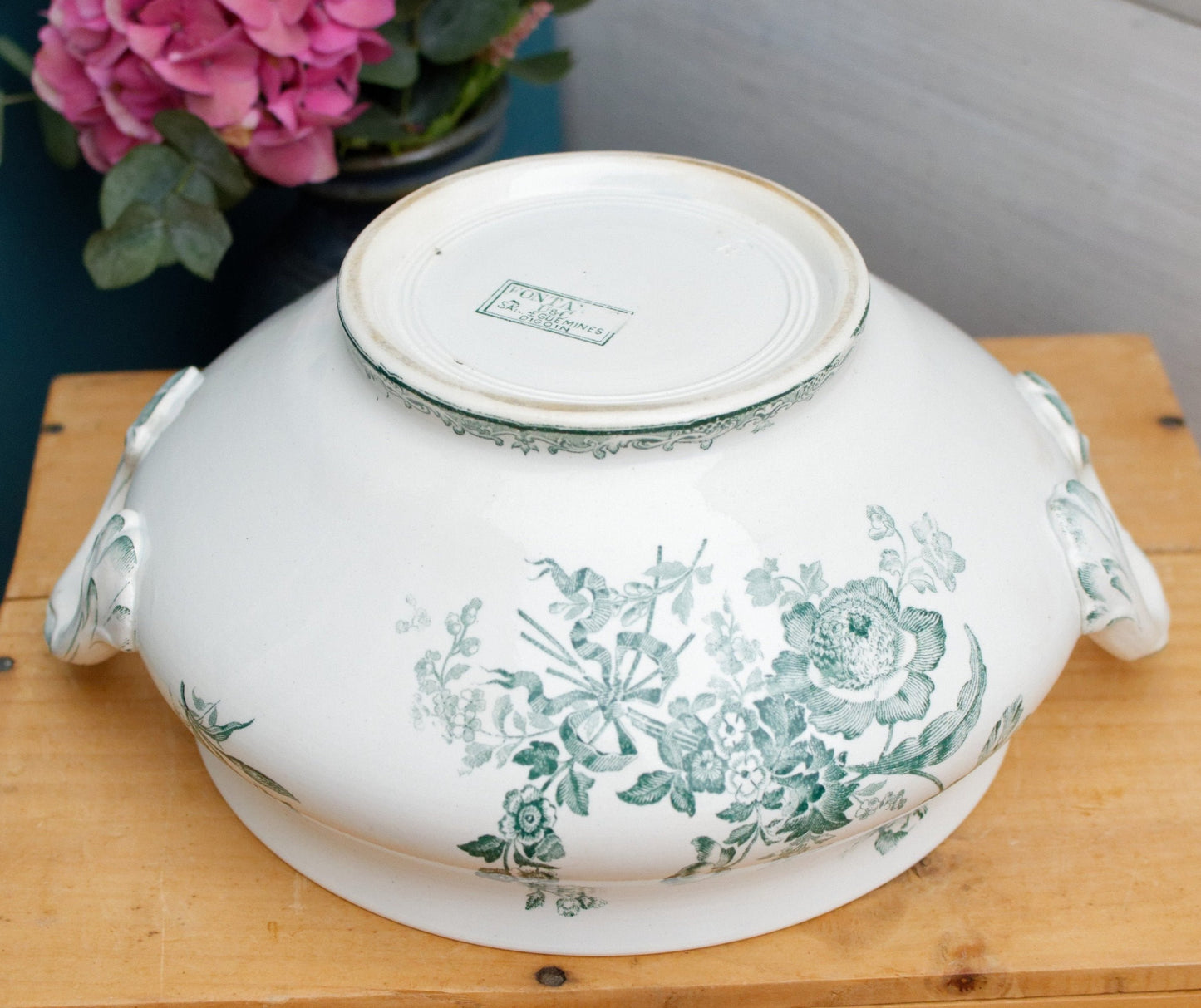 FONTANGES U&C SARREGUEMINES DIGOIN French Antique Ironstone Green Transferware Soup Tureen "Soupiere" Terre de Fer Faience