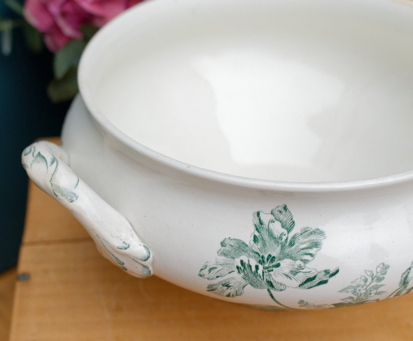 FONTANGES U&C SARREGUEMINES DIGOIN French Antique Ironstone Green Transferware Soup Tureen "Soupiere" Terre de Fer Faience