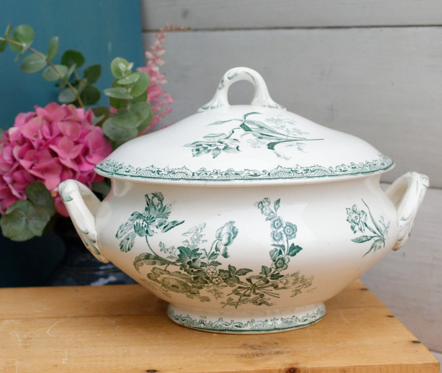 FONTANGES U&C SARREGUEMINES DIGOIN French Antique Ironstone Green Transferware Soup Tureen "Soupiere" Terre de Fer Faience