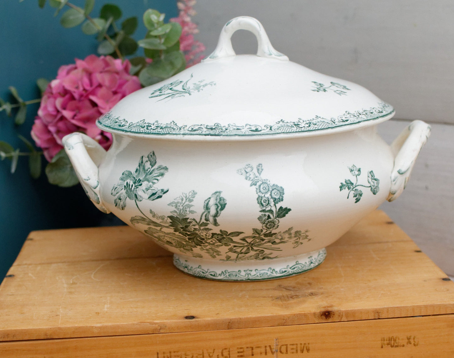 FONTANGES U&C SARREGUEMINES DIGOIN French Antique Ironstone Green Transferware Soup Tureen "Soupiere" Terre de Fer Faience