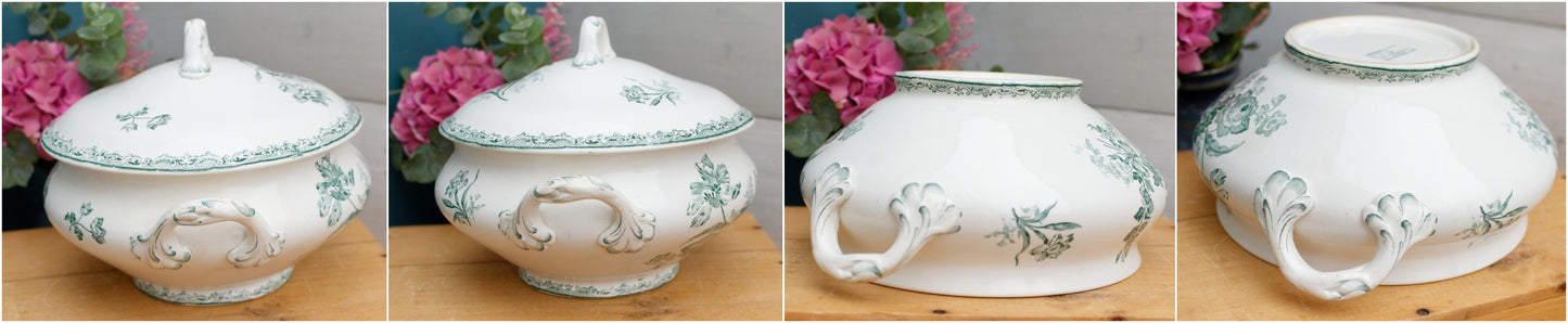 FONTANGES U&C SARREGUEMINES DIGOIN French Antique Ironstone Green Transferware Soup Tureen "Soupiere" Terre de Fer Faience