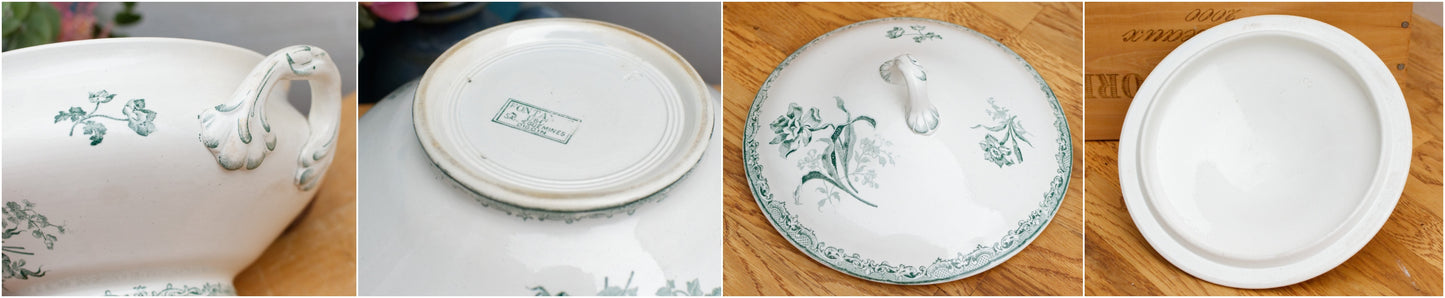 FONTANGES U&C SARREGUEMINES DIGOIN French Antique Ironstone Green Transferware Soup Tureen "Soupiere" Terre de Fer Faience