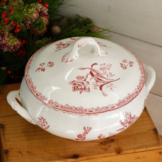 FONTANGES Motif SARREGUEMINES U&C French Antique Ironstone Red Transferware Larger Soup Tureen "Soupiere" Terre de Fer Faience