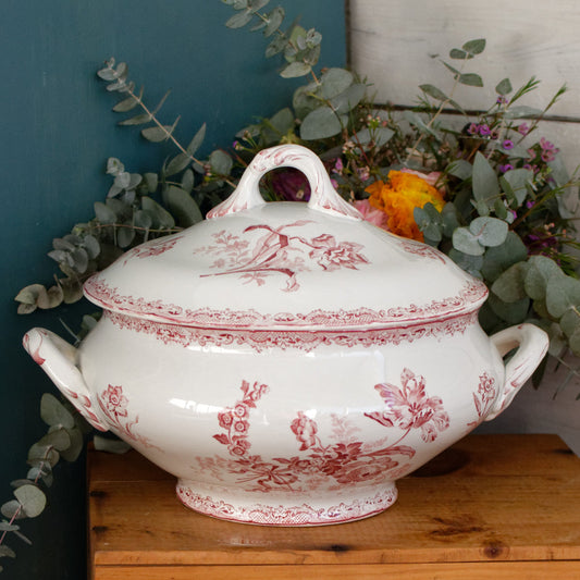 FONTANGES Motif SARREGUEMINES U&C French Antique Ironstone Red Transferware Larger Soup Tureen Soupiere Terre de Fer Faience